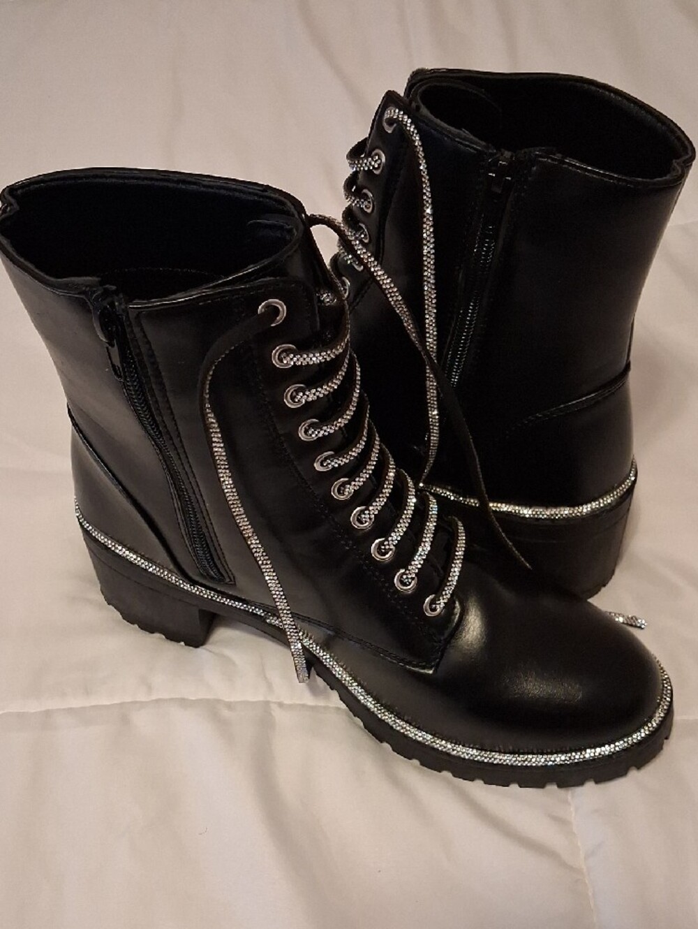 Black Lace-Up Rhinestone Combat Boots - Picture 4 of 6